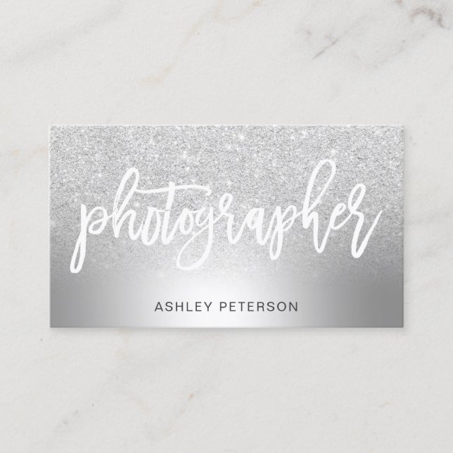 photographer silver glitter ombre metallic foil business card (Front)