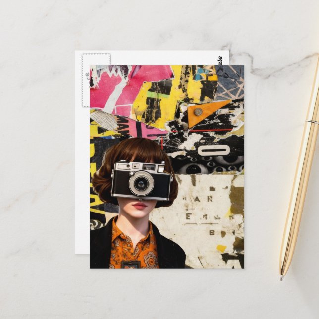 Photographer Woman Grunge Mixed Media Collage  Postcard (Front/Back In Situ)