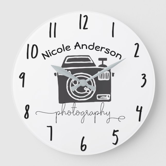 Photography Camera Modern Minimal Logo Graphic Large Clock (Front)