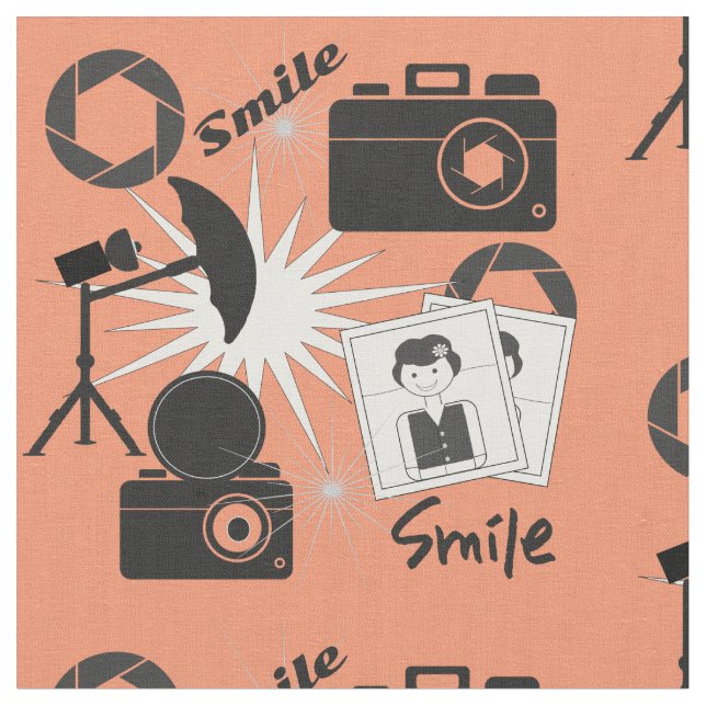 Photography Camera Smile Fun Photographers Pattern Fabric (Close Up)