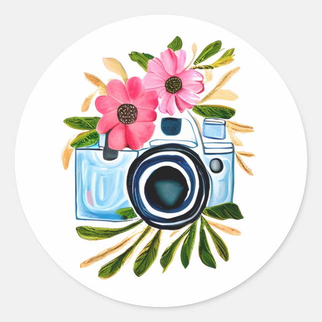 Photography Lovers Vintage Camera and Flowers Classic Round Sticker (Front)