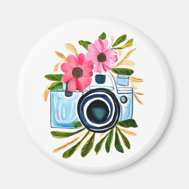 Photography Lovers Vintage Camera and Flowers Magnet (Front)