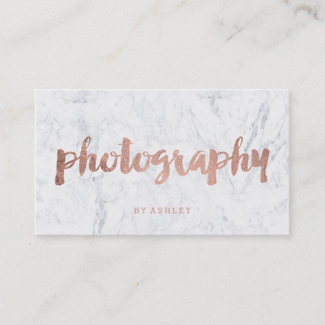 Photography modern rose gold typography marble business card (Front)