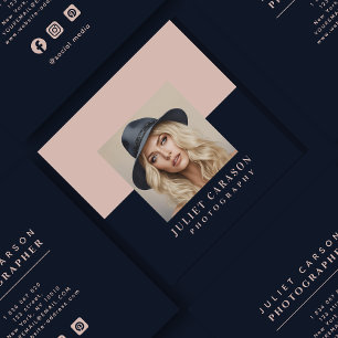 Photography Navy Blue & Blush Square Business Card