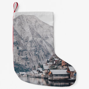 PHOTOGRAPHY OF HOUSE BESIDE BODY OF WATER SMALL CHRISTMAS STOCKING