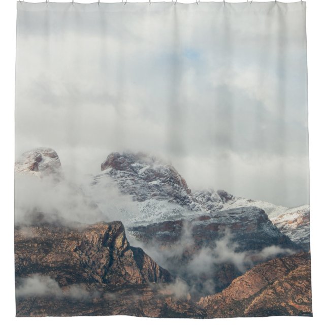 PHOTOGRAPHY OF MOUNTAIN RANGE DURING DAYTIME SHOWER CURTAIN (Front)