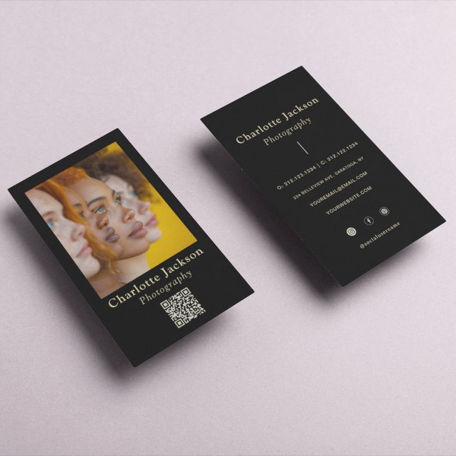 Photography Photo & QR Code l Elegant Black & Gold Business Card (Creator Uploaded)