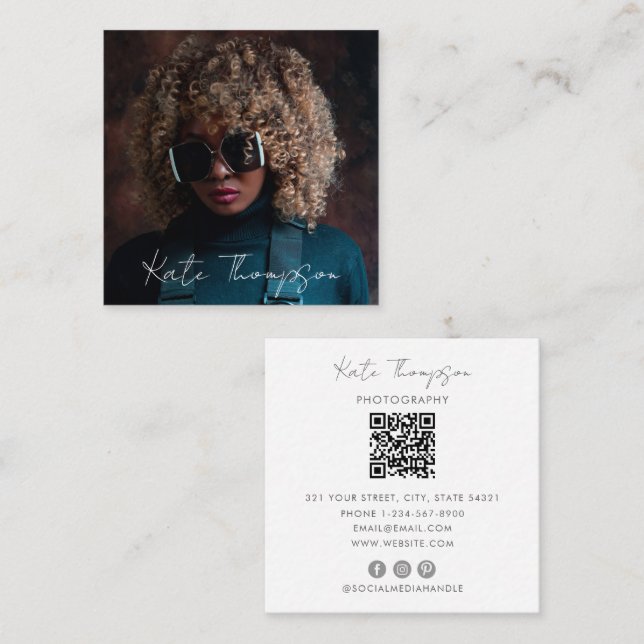 Photography Professional Photo QR Code Script Square Business Card (Front/Back)