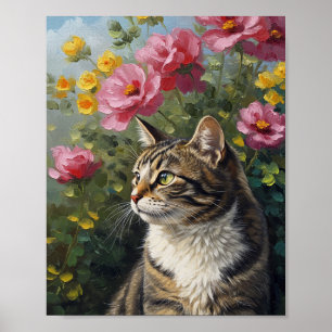 Photoreal Cat & Flowers Oil-Impressionist Art Poster