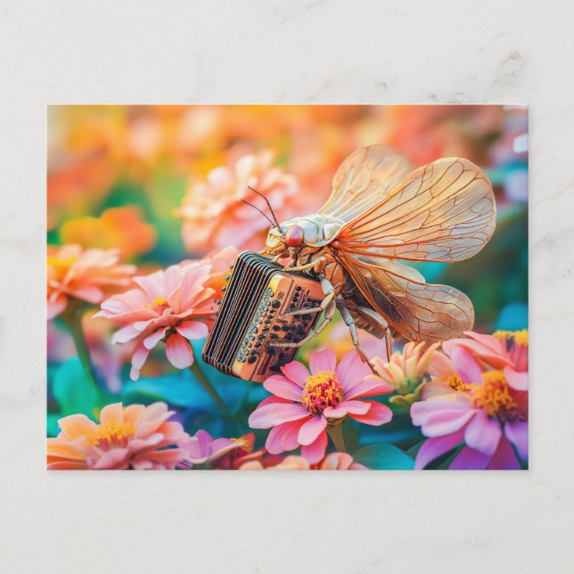 Photorealistic Cicada Playing Accordion inZinnia Postcard (Front)