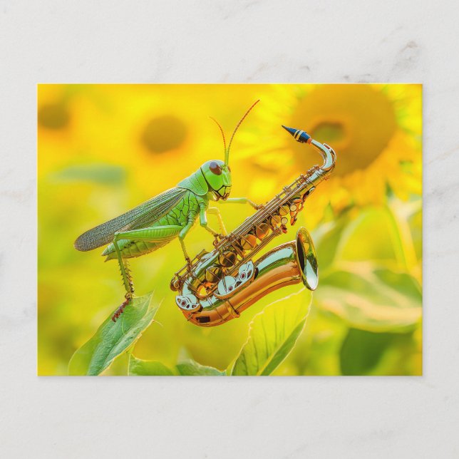 Photorealistic Grasshopper Playing Saxophone Postcard (Front)