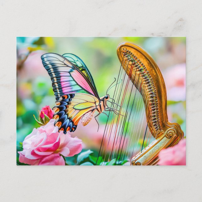 Photorealistic Swallowtail Butterfly Playing Harp  Postcard (Front)