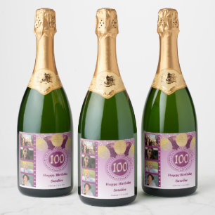 Photos, 100th Birthday Rose Gold Glitter Champagne Sparkling Wine Label