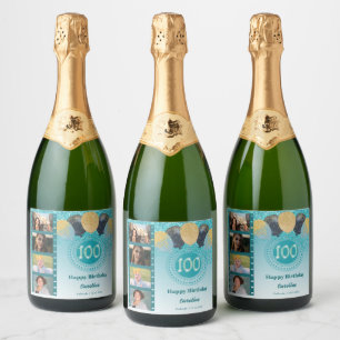 Photos, 100th Birthday Teal Blue Glitter Champagne Sparkling Wine Label