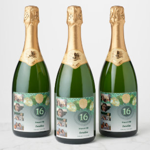 Photos, 16th Birthday Green Glitter Champagne Sparkling Wine Label