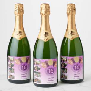 Photos, 16th Birthday Pink Glitter Champagne Sparkling Wine Label