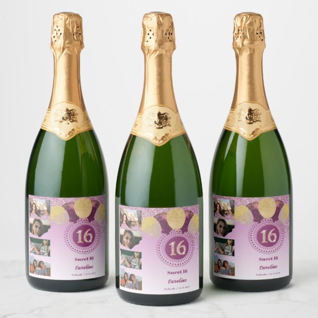 Photos, 16th Birthday Rose Gold Glitter Champagne Sparkling Wine Label (Bottles)