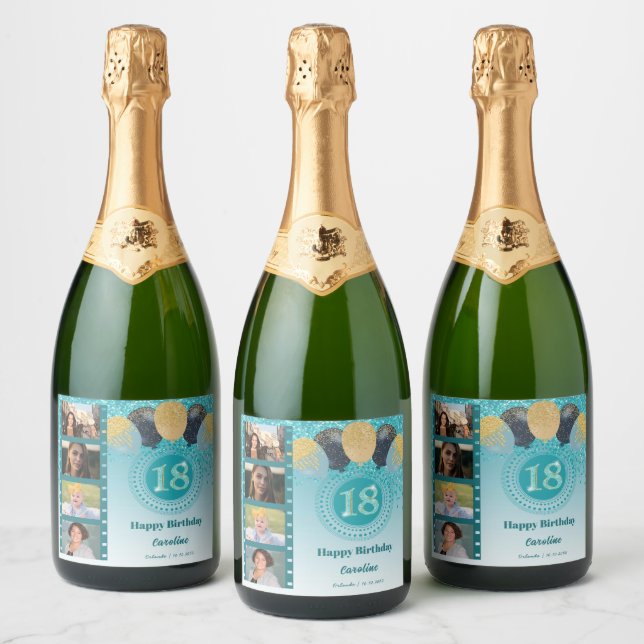 Photos, 18th Birthday Teal Blue Glitter Champagne Sparkling Wine Label (Bottles)