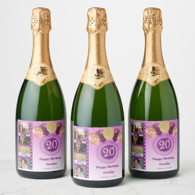 Photos, 20th Birthday Pink Glitter Champagne Sparkling Wine Label (Bottles)