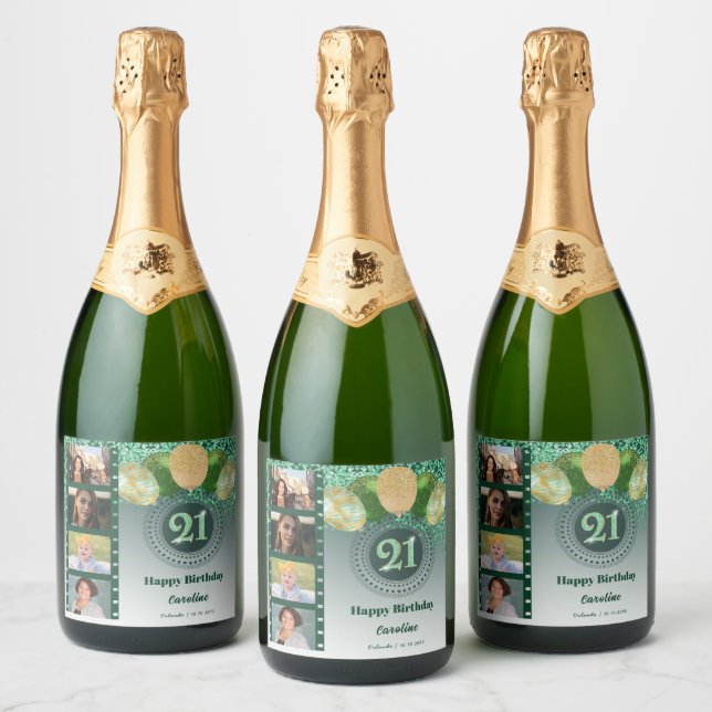 Photos, 21st Birthday Green Glitter Champagne Sparkling Wine Label (Bottles)