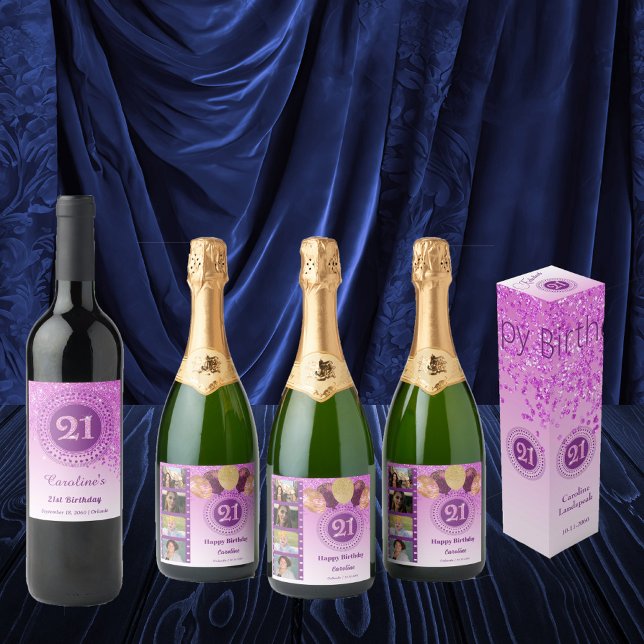 Photos, 21st Birthday Pink Glitter Champagne Sparkling Wine Label (Creator Uploaded)