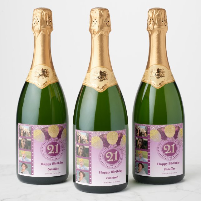 Photos, 21st Birthday Rose Gold Glitter Champagne Sparkling Wine Label (Bottles)