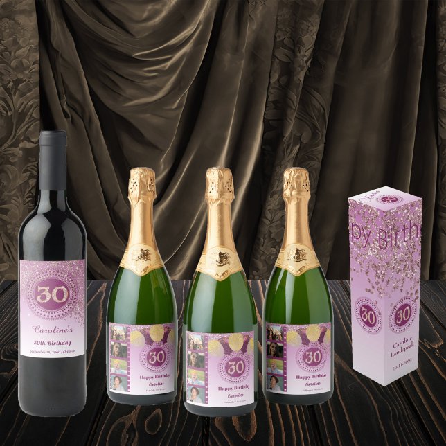 Photos, 30th Birthday Rose Gold Glitter Champagne Sparkling Wine Label (Creator Uploaded)