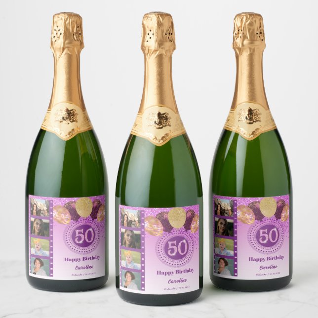 Photos, 50th Birthday Pink Glitter Champagne Sparkling Wine Label (Bottles)