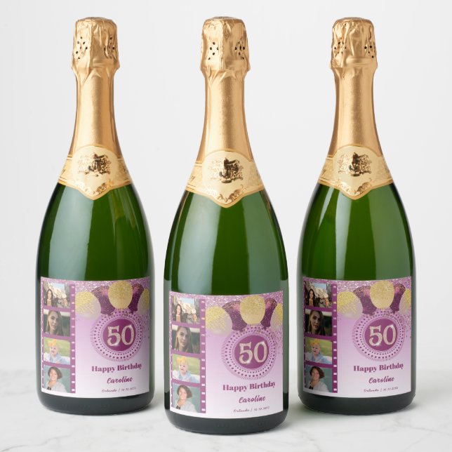 Photos, 50th Birthday Rose Gold Glitter Champagne Sparkling Wine Label (Bottles)