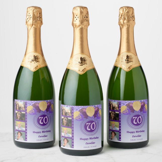 Photos, 70th Birthday Purple Glitter Champagne Sparkling Wine Label (Bottles)