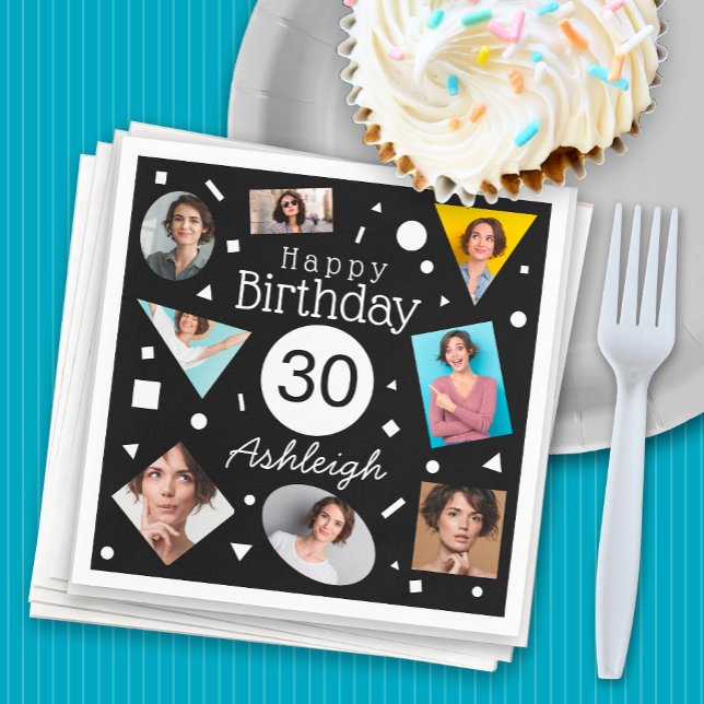 Photos Black White Confetti Name 30th Birthday  Napkin (Creator Uploaded)
