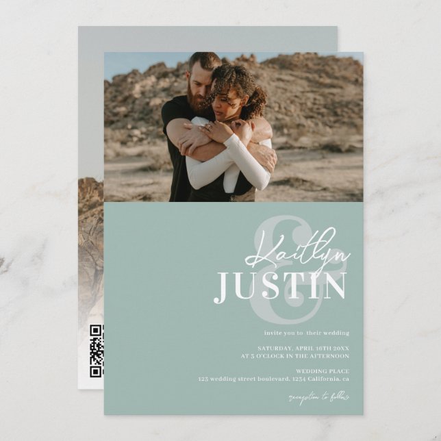 Photos bold names calligraphy sage mint wedding invitation (Front/Back)