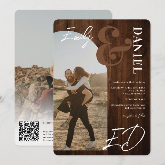 Photos bold names script arch brown wood wedding invitation (Front/Back)