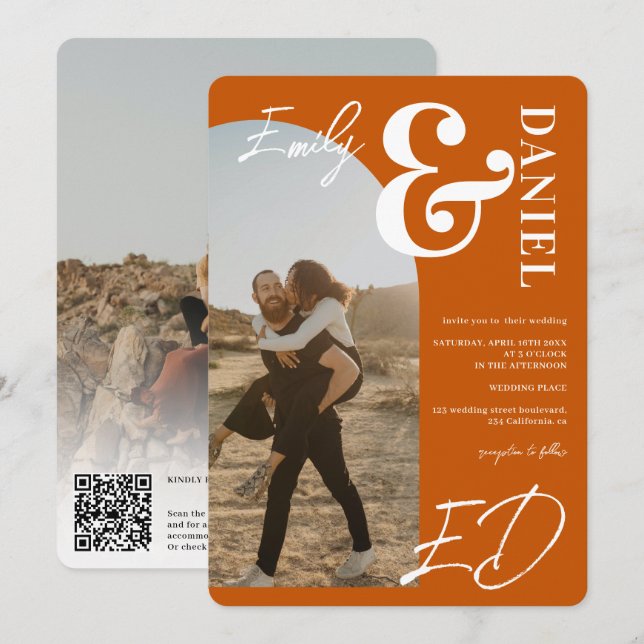 Photos bold names script arch burnt orange wedding invitation (Front/Back)