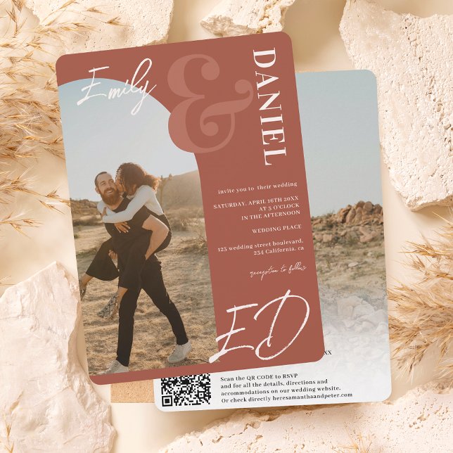 Photos bold names script arch terracotta wedding invitation (Creator Uploaded)