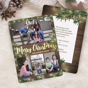 Photos & Captions Christmas Greenery Wood & Lights Foil Holiday Card