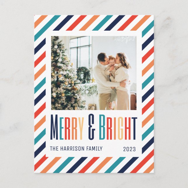 Photos Merry & Bright Family Retro Stripes Postcard (Front)