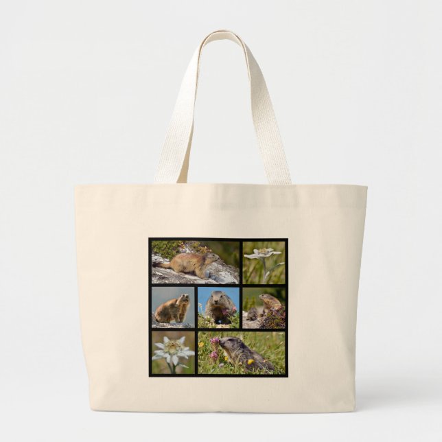 Photos mosaic Alpine marmots and edelweiss Large Tote Bag (Front)