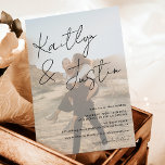 Photos name script calligraphy white black wedding invitation<br><div class="desc">A modern, chic and elegant landscape wedding invitation with custom names with a hand written calligraphy in white on black. All the text, names and background colours are customisable with 2 photos and white overlay. A simple and minimalist invitation, add your qr code for rsvp, details and all in one...</div>