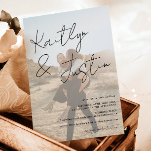 Photos name script calligraphy white black wedding invitation