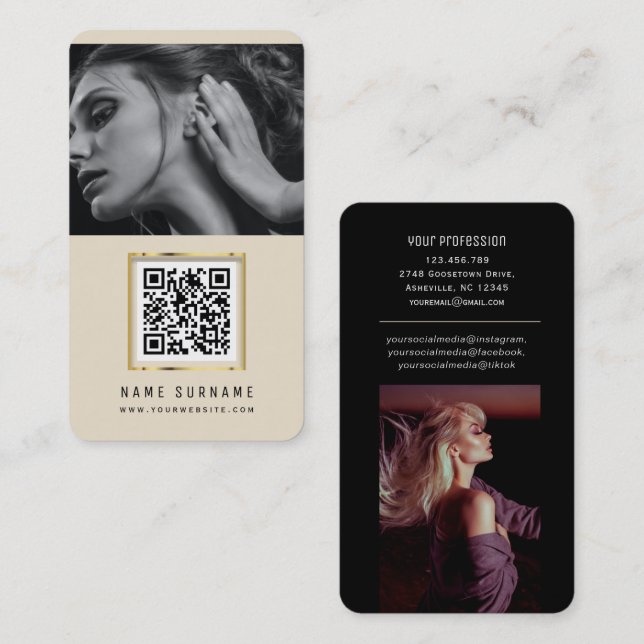 photos qr code scannable barcode modern beige business card (Front/Back)