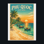Phu Quoc Island, Vietnam retro travel Postcard<br><div class="desc">Travel poster featuring Phu Quoc Island, Vietnam, in a classic retro travel-poster style. Central focus on a tropical beach with powdery white sand, clear turquoise sea, gently leaning coconut palm trees, and traditional Vietnamese fishing boats near the shore. In the background, lush green hills and a warm golden sunset over...</div>