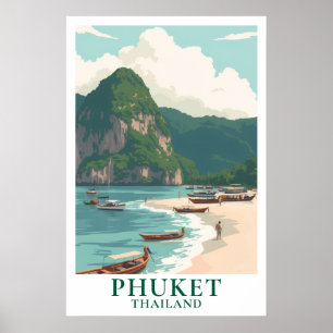 Phuket Thailand Vintage Travel Longtail Boat Beach Poster