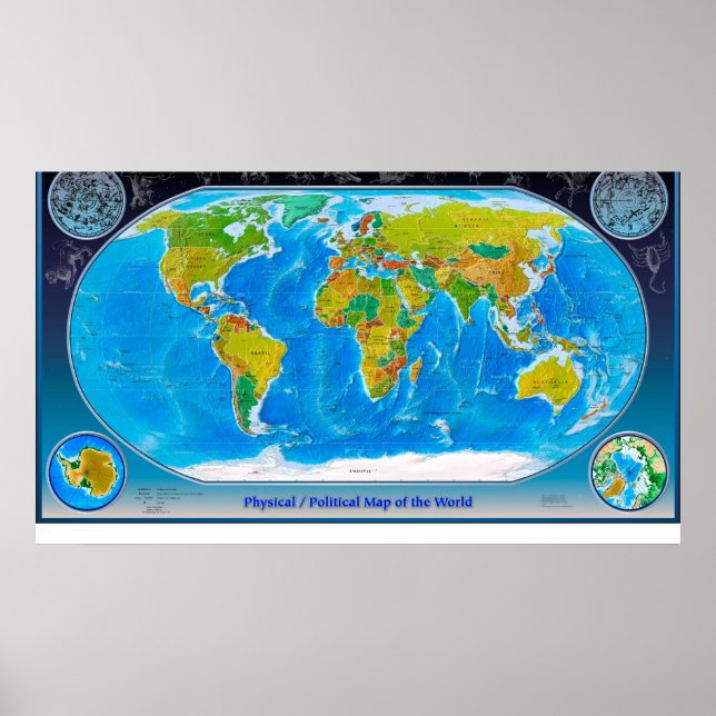 Physical and Political World Map Poster (Front)