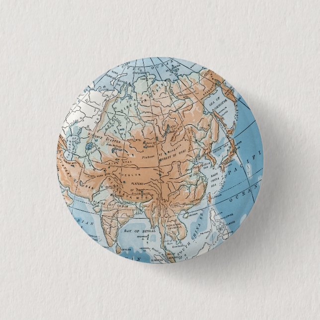Physical Map of Asia (1916) 3 Cm Round Badge (Front)