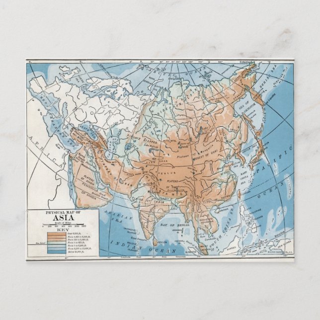 Physical Map of Asia (1916) Postcard (Front)