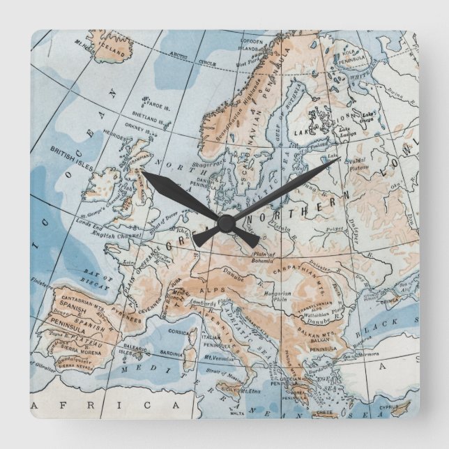 Physical Map of Europe (1916) Square Wall Clock (Front)