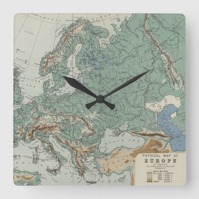 Physical Map of Europe Square Wall Clock (Front)