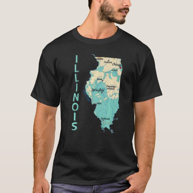 Physical Map Of Illinois State Major Cities Lakes  T-Shirt (Front)