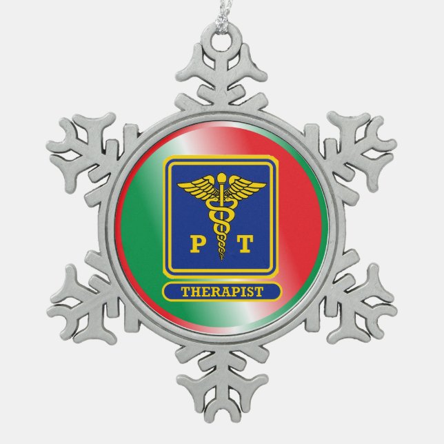 Physical Therapist Caduceus Shield Snowflake Pewter Christmas Ornament (Front)
